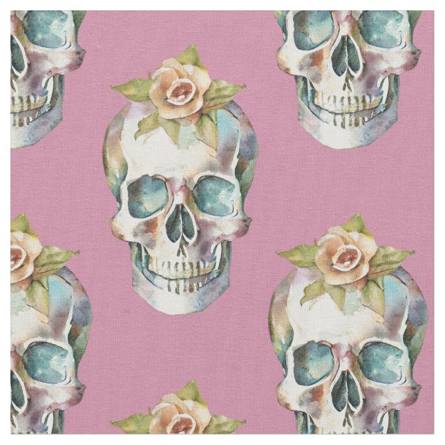 Flower Skulls - Pink - Fabric (Close Up)