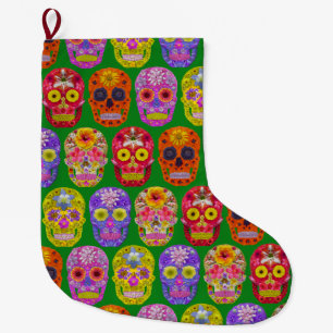 Flower Skulls Seamless Pattern 2018 Large Christmas Stocking