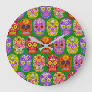 Flower Skulls Seamless Pattern 2018 Large Clock