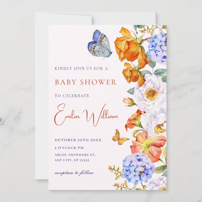 Flower spring garden butterfly baby shower invitation (Front)