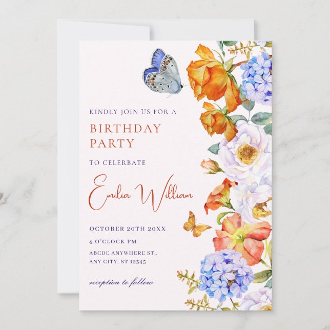 Flower spring garden butterfly birthday invitation (Front)