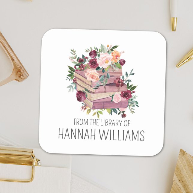 Flower Stack Book From the Library of Bookplate Square Sticker (In situ)