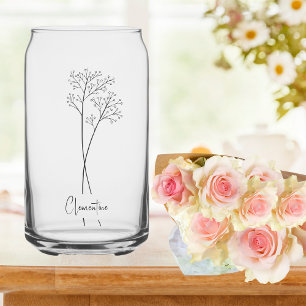 Flower stem, black script typography  can glass