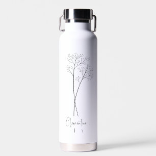 Flower stem, black script typography  water bottle