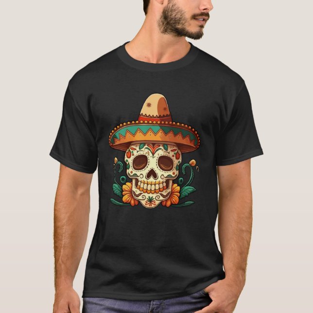 Flower Sugar Skull Dia de Los Muertos Cinco De may T-Shirt (Front)