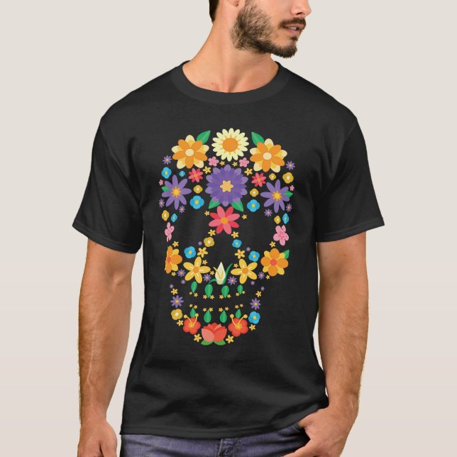 Flower Sugar Skull Halloween Day of Dead  Costume  T-Shirt (Front)