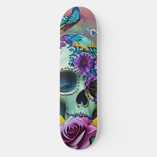flower sugar skull modern design  skateboard (Front)