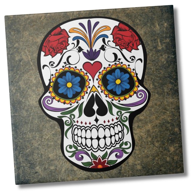 Flower Sugar Skull Tile (Dia De Los Muertos Red Roses Sugar Skull Ceramic Tile)