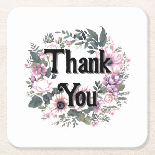 Flower Tag Thankyou Wreath Classy Coquette Square Paper Coaster