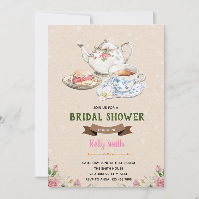 Flower tea cake theme bridal shower invitation (Front)