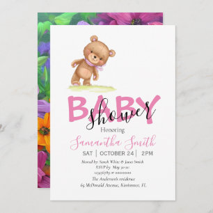 Flower Teddy Girl Pink Invitation