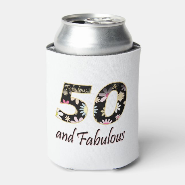 Flower Text 50 and Fabulous | 50th Birthday Party Can Cooler (Can Front)