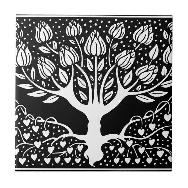 Flower Tree Black & White Beardsley Hearts Tile (Front)