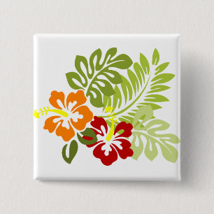 Flower Tropical Leaves Hibiscus Hawaii Red Orange. 15 Cm Square Badge