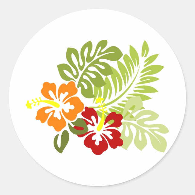 Flower Tropical Leaves Hibiscus Hawaii Red Orange. Classic Round Sticker (Front)