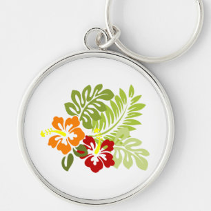 Flower Tropical Leaves Hibiscus Hawaii Red Orange. Key Ring