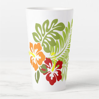 Flower Tropical Leaves Hibiscus Hawaii Red Orange. Latte Mug