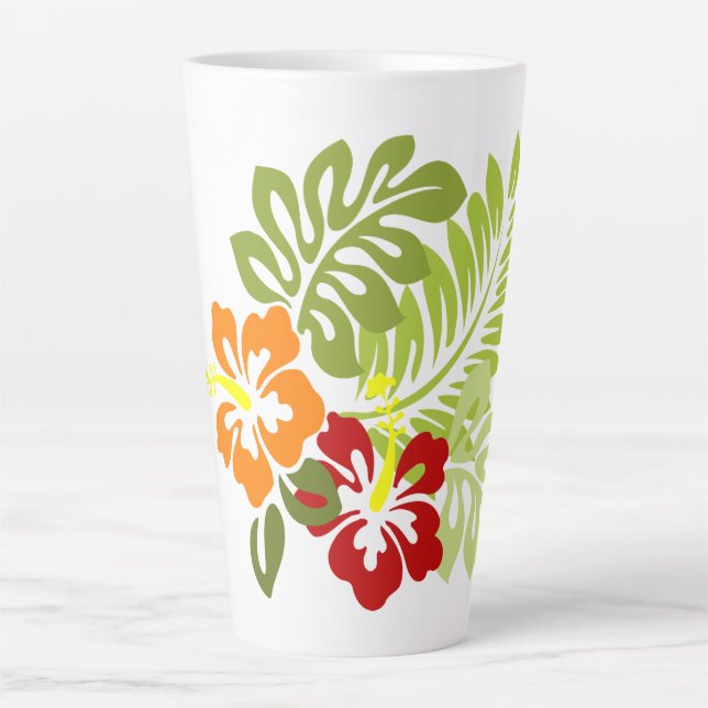 Flower Tropical Leaves Hibiscus Hawaii Red Orange. Latte Mug (Front)
