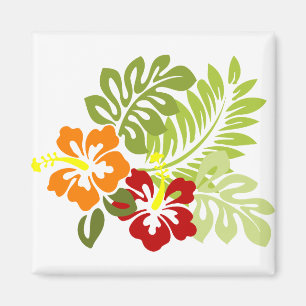 Flower Tropical Leaves Hibiscus Hawaii Red Orange. Magnet
