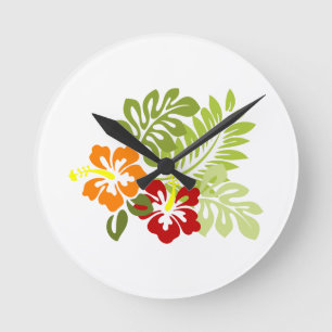 Flower Tropical Leaves Hibiscus Hawaii Red Orange. Round Clock