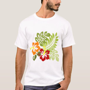Flower Tropical Leaves Hibiscus Hawaii Red Orange. T-Shirt