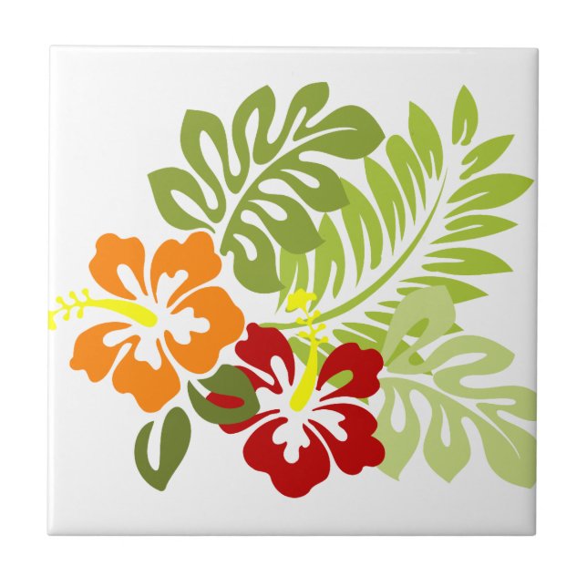 Flower Tropical Leaves Hibiscus Hawaii Red Orange. Tile (Front)