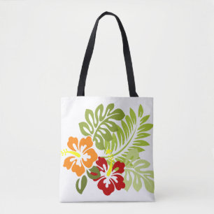 Flower Tropical Leaves Hibiscus Hawaii Red Orange. Tote Bag