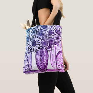 Flower Vase Line Drawing Purple Blue Floral Art Tote Bag