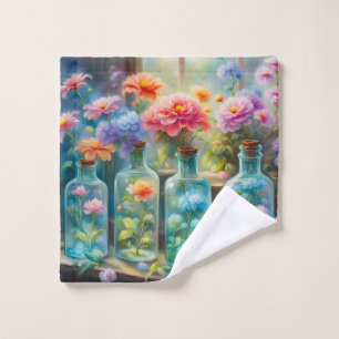 Flower vases filled with stunning, vibrant blooms, wash cloth