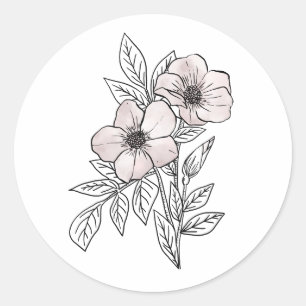 Flower watercolor line art, aesthetic element classic round sticker