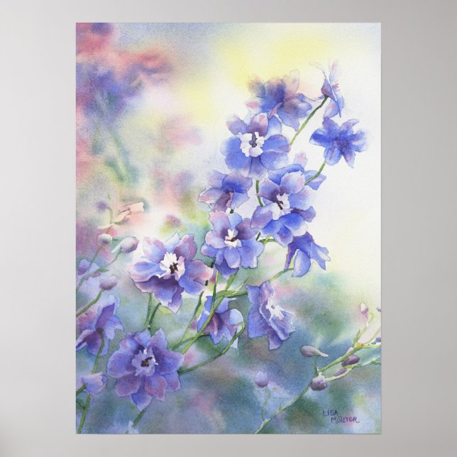 Flower watercolor poster of purple blue delphinium (Front)