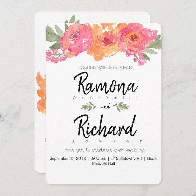 Flower wedding pink and orange floral invites (Front/Back)