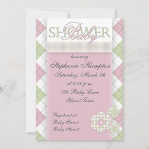 Flower with Chequerboard in Pink - Green Baby Show Invitation