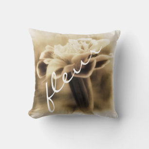 flower with French text sepia nature photo art Cushion