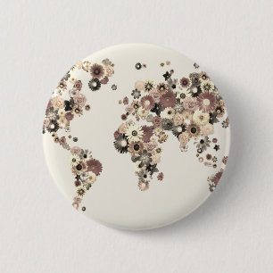 Flower World Map Sepia 6 Cm Round Badge