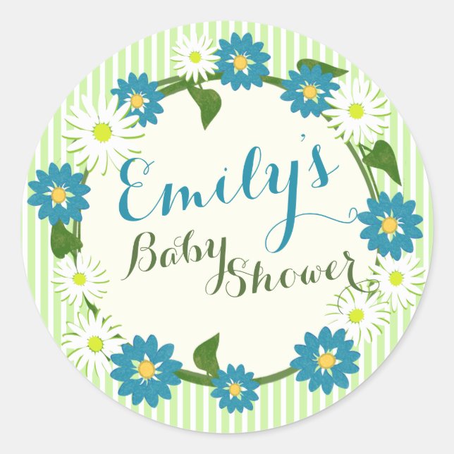 Flower Wreath Baby Shower Blue Classic Round Sticker (Front)
