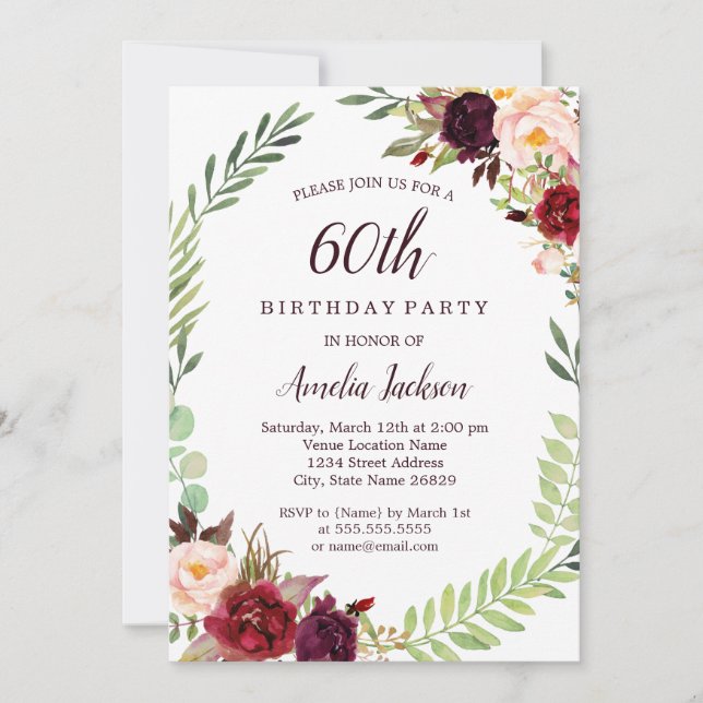 Flower Wreath Burgundy 60th Birthday Invitation (Front)