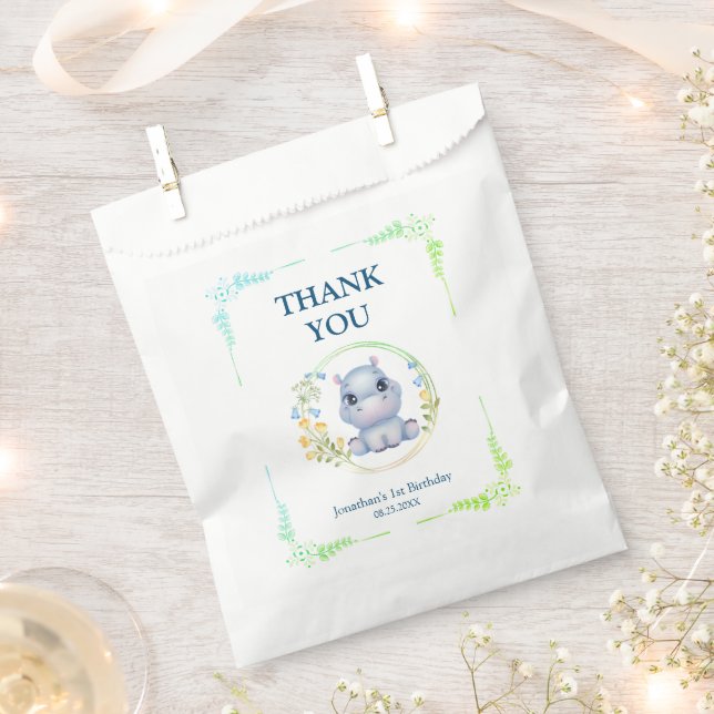 Flower Wreath Cute Hippopotamus Birthday Thank You Favour Bags (Clipped)