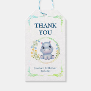 Flower Wreath Cute Hippopotamus Birthday Thank You Gift Tags
