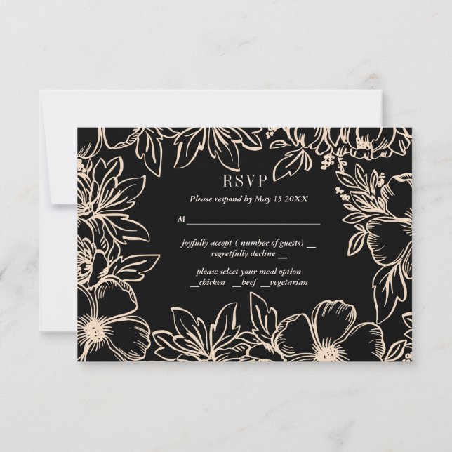  Flower wreath frame elegant wedding black RSVP Card (Front)