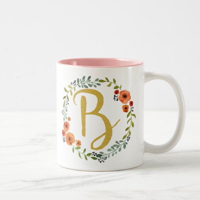 Flower Wreath Gold Monogram Initial B Two-Tone Coffee Mug (Right)