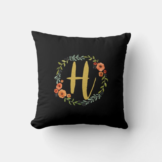 Flower Wreath Gold Monogram Initial H Cushion (Front)