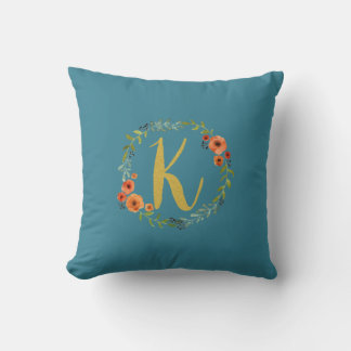 Flower Wreath Gold Monogram Initial K Cushion Teal