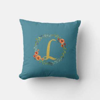 Flower Wreath Gold Monogram Initial L Cushion Teal