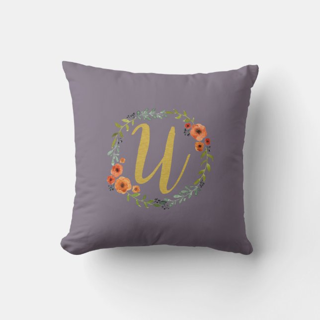 Flower Wreath Gold Monogram Initial U Cushion (Front)