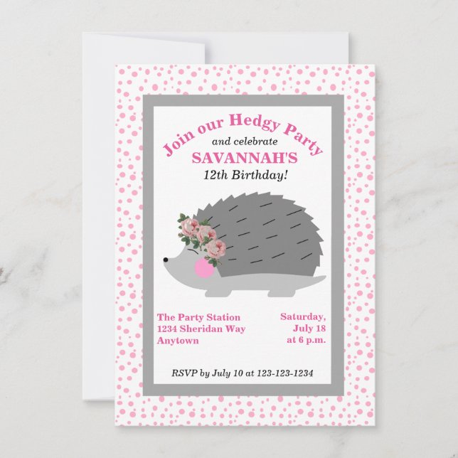 Flower Wreath Hedgehog Birthday Party Invitation (Front)