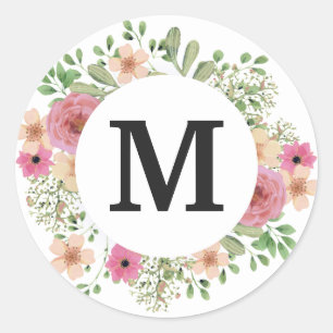Flower Wreath Monogram Classic cute Round Sticker