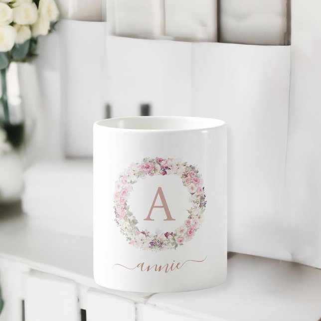 Flower Wreath, Monogram, Name Coffee Mug (Monogram, customer specific, flower wreath Mug.)