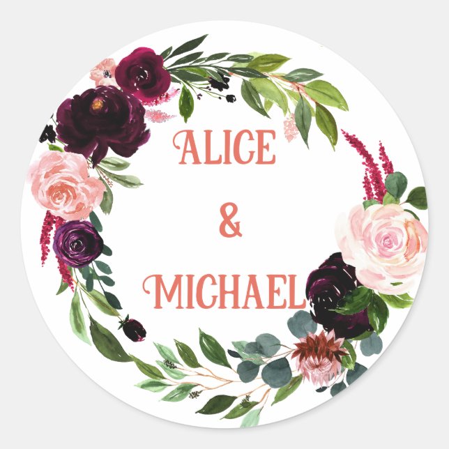 Flower wreath MONOGRAMM boho pink burgundy  Classi Classic Round Sticker (Front)