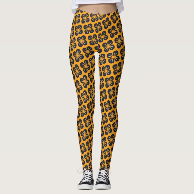Flower Yellow Blue Minimal Pattern Leggings (Front)